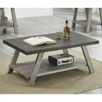 Table basse contemporaine en bois bicolore vieilli pour salon avec étagère