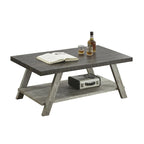 Table basse contemporaine en bois bicolore vieilli pour salon avec étagère