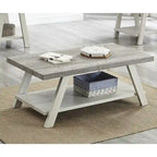 Table basse contemporaine en bois bicolore vieilli pour salon avec étagère