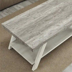 Table basse contemporaine en bois bicolore vieilli pour salon avec étagère