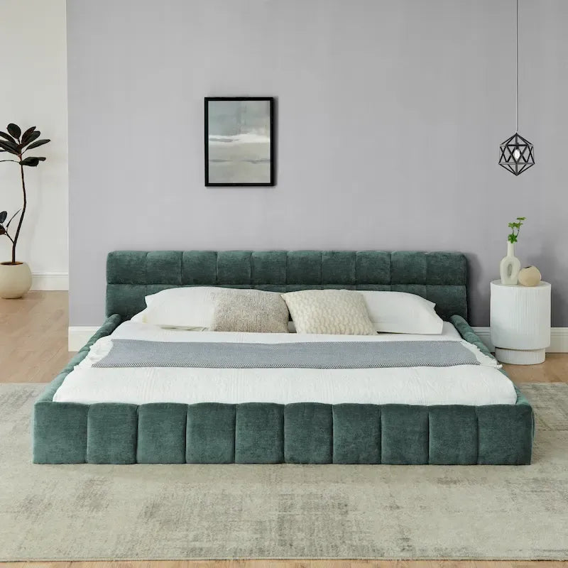 Cadre de lit King Size capitonné en tissu chenille, lit plateforme robuste avec tête de lit et cadre en bois massif