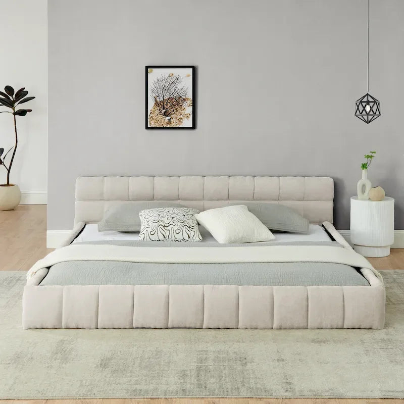 Cadre de lit King Size capitonné en tissu chenille, lit plateforme robuste avec tête de lit et cadre en bois massif