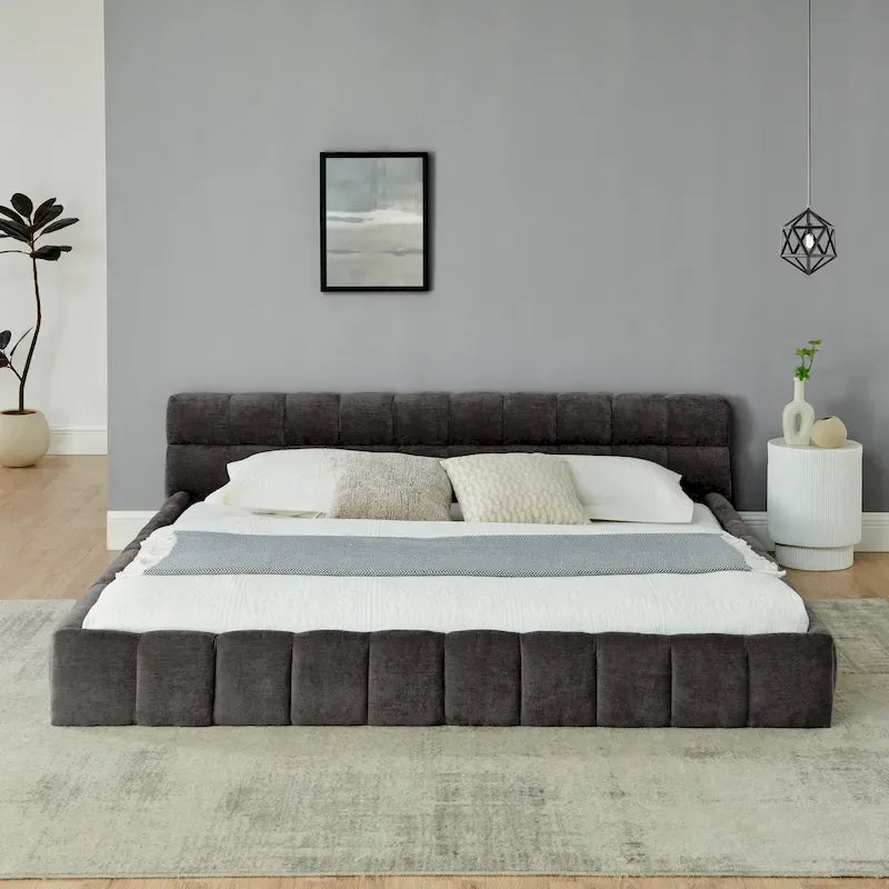 Cadre de lit King Size capitonné en tissu chenille, lit plateforme robuste avec tête de lit et cadre en bois massif