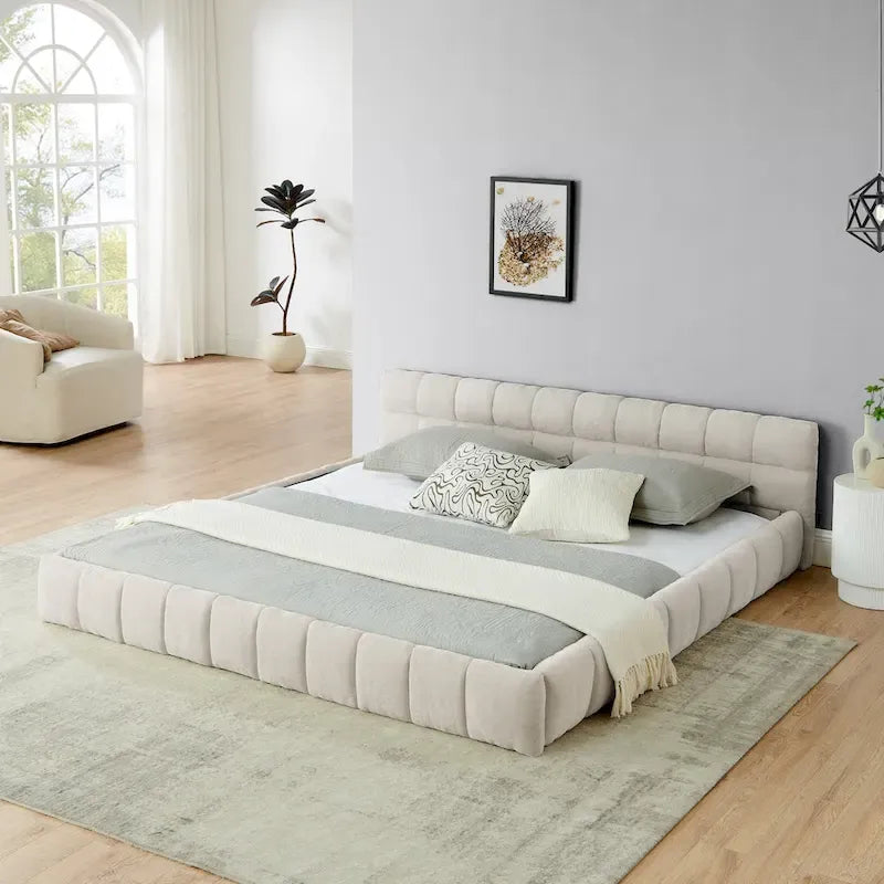 Cadre de lit King Size capitonné en tissu chenille, lit plateforme robuste avec tête de lit et cadre en bois massif