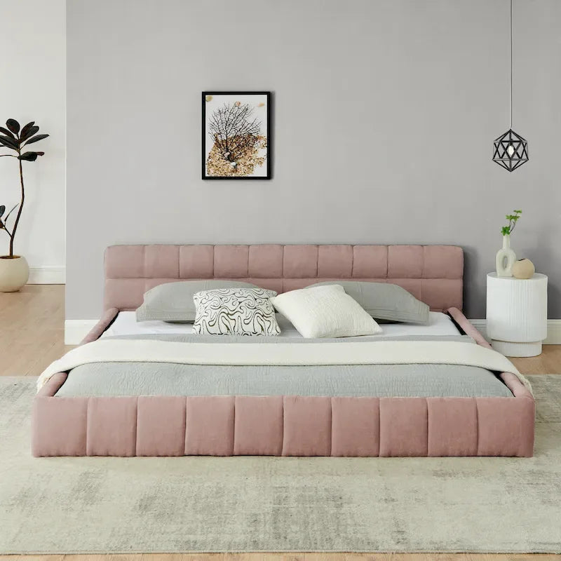 Cadre de lit King Size capitonné en tissu chenille, lit plateforme robuste avec tête de lit et cadre en bois massif