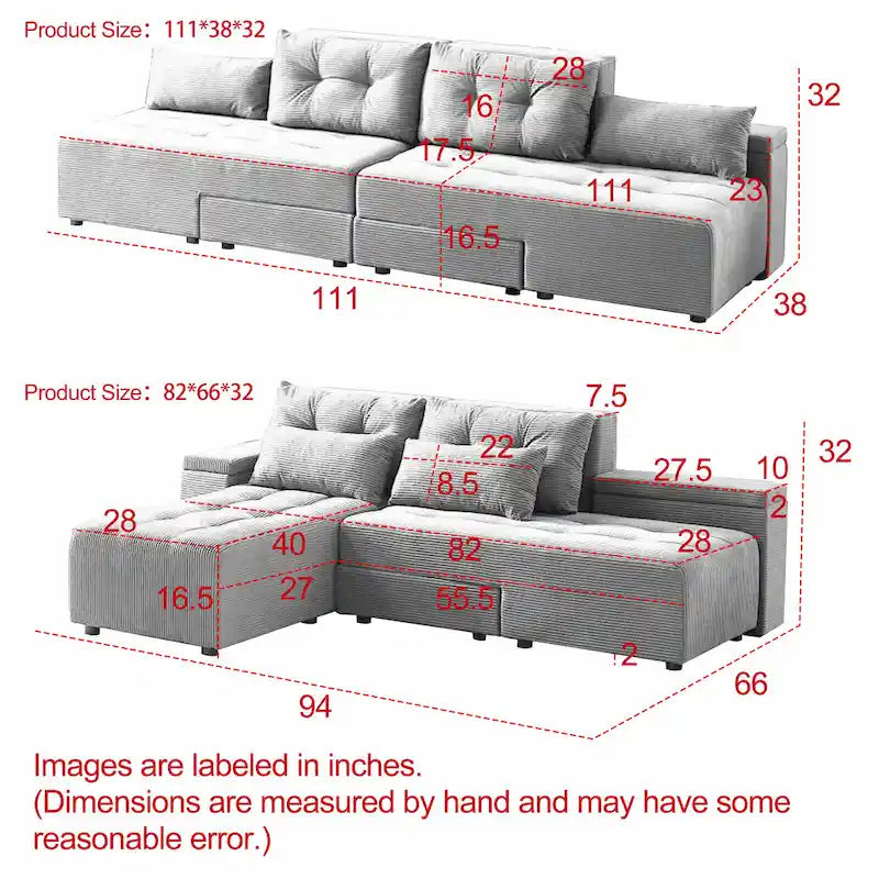 Canapé 3 places en velours côtelé modulable Emerson avec rangement et design personnalisable