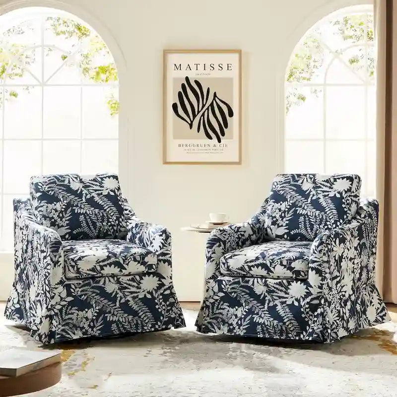 Fauteuil pivotant Alois avec housse florale et coussins amovibles, lot de 2