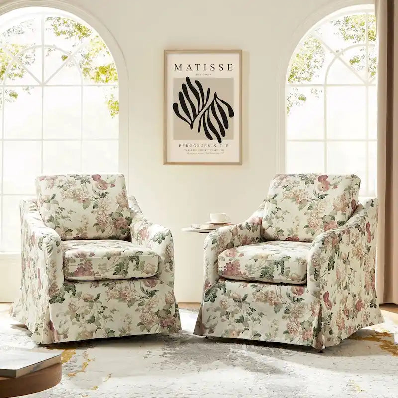 Fauteuil pivotant Alois avec housse florale et coussins amovibles, lot de 2