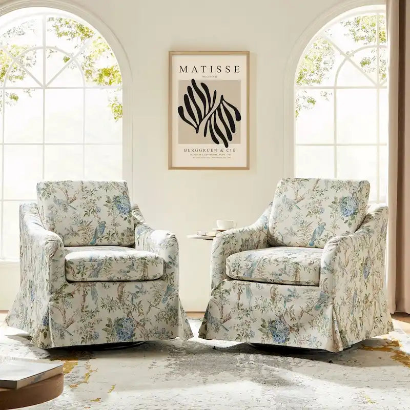 Fauteuil pivotant Alois avec housse florale et coussins amovibles, lot de 2