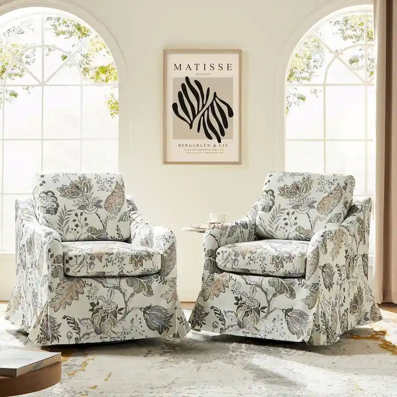 Fauteuil pivotant Alois avec housse florale et coussins amovibles, lot de 2