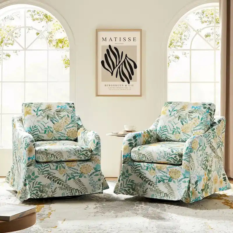 Fauteuil pivotant Alois avec housse florale et coussins amovibles, lot de 2