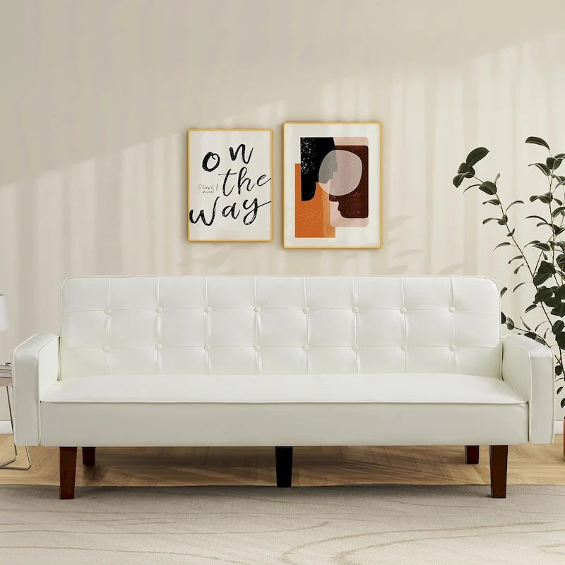 Canapé futon en similicuir, canapé-lit convertible capitonné de style scandinave avec pieds en bois