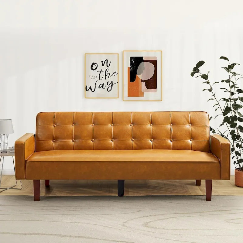 Canapé futon en similicuir, canapé-lit convertible capitonné de style scandinave avec pieds en bois