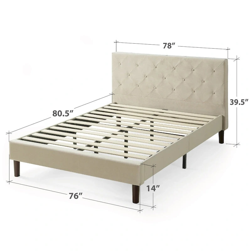 Cadre de lit plateforme capitonné beige à motif diamant