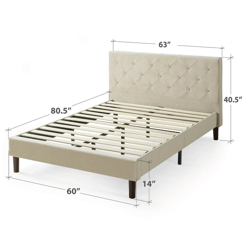 Cadre de lit plateforme capitonné beige à motif diamant