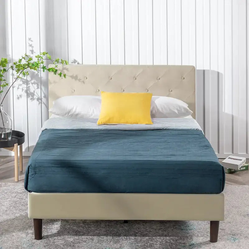 Cadre de lit plateforme capitonné beige à motif diamant