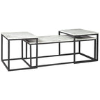 Table d'appoint 3 pièces, Structure métallique, Plateau en marbre, Blanc et Noir