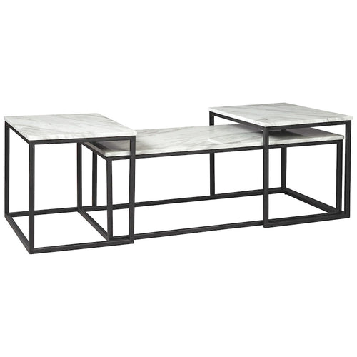 Table d'appoint 3 pièces, Structure métallique, Plateau en marbre, Blanc et Noir