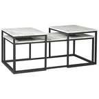 Table d'appoint 3 pièces, Structure métallique, Plateau en marbre, Blanc et Noir