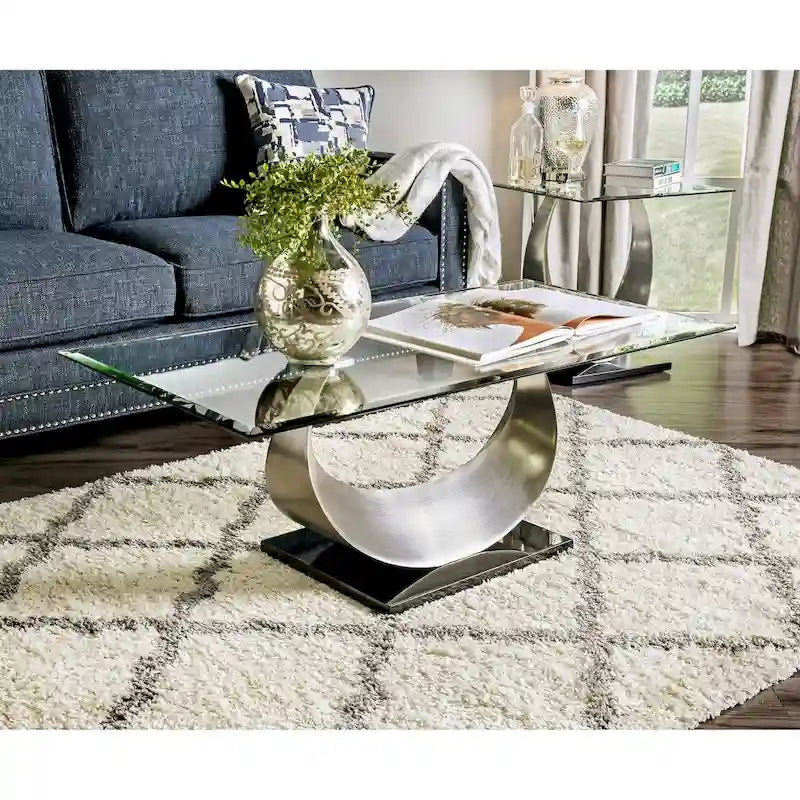 Ensemble de 2 tables basses et tables d'appoint contemporaines en argent de 48 pouces à plateau en verre en forme de U