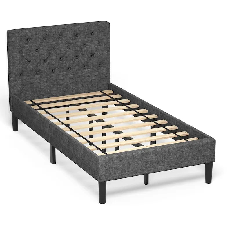Cadre de lit simple rembourré avec tête de lit capitonnée en losanges en bois