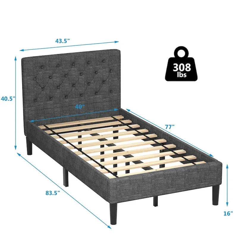 Cadre de lit simple rembourré avec tête de lit capitonnée en losanges en bois
