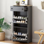 Entryway Organizer with 2 Drawers,Wood Grain Pattern Top Shoe Cabinet with Drawer, Free Standing Shoe Rack with Adjustable Panel