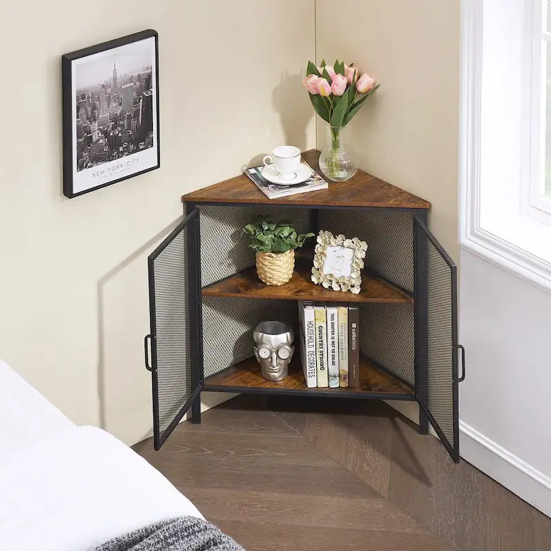 Table d'angle moderne triangulaire à 3 niveaux avec 2 portes pour salon, chambre, bureau