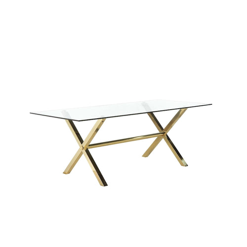 Table à manger de 79 pouces, plateau rectangulaire en verre trempé, or, transparent