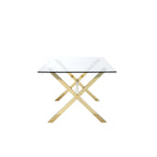 Table à manger Tia de 79 po, plateau rectangulaire en verre trempé, or, transparent
